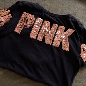 PINK sequin shirt, very flattering.